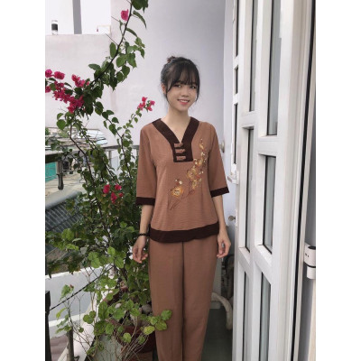 ĐỒ LAM ĐI CHÙA #Mã Freeship Xtra# Cổ Chữ Y Vải Đũi