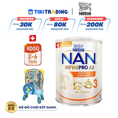 Sữa bột NAN INFINIPRO A2 800g Thụy Sĩ 3 với đạm quý A2 tiêu hóa tốt sau 7 ngày và 6HMO tăng cường đề kháng (2 - 6 tuổi) - Tặng Đồ chơi bắt banh