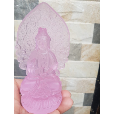 Tượng Phật Bà Quan Âm Mới Đá Lưu Ly Hồng Để Trong Xe Hơi hoặc trên bàn cao 12cm đk 7cm đế 5cm hợp Anh Chị Mệnh Hỏa mệnh Thổ ạ