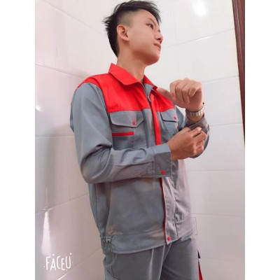Quần áo kaki nam bảo hộ lao động dài tay khóa kéo shuni form rộng màu ghi xám phối đỏ - SHU006B