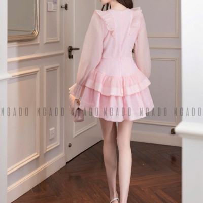 Đầm hồng tay voan NGADO , đầm voan , đầm nữ , đầm dự tệc, dạo phố