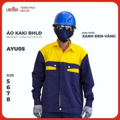 Áo Kaki đồng phục công nhân thoáng mát bền đẹp thấm hút mồ hôi màu phối xanh đen vàng - Mã AYU05