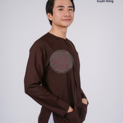 Bộ áo bà ba nam phối áo cate nâu+ Quần cate trắng - Có bộ bà ba Bigsize