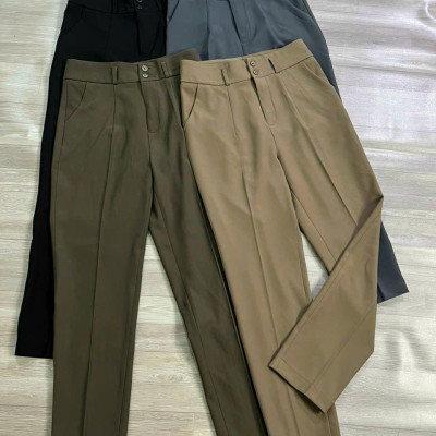 Quần Baggy Nữ Dáng Dài Vải Hàn Quốc Không Nhăn Phong Cách Sang Trọng & Thanh Lịch Kem Kaki Nhung Voi Lưng Cao