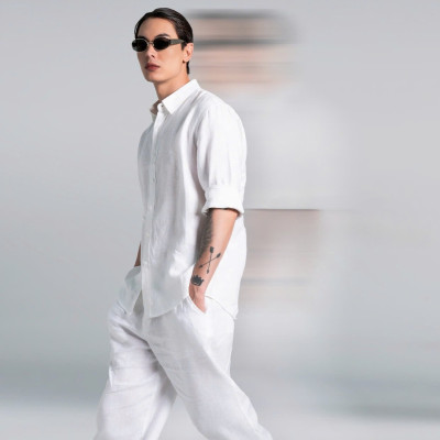 Set Bộ Sơ Mi Nam Basic Áo Dài Tay Mix Quần Suông Ống Rộng Vải Linen Sợi Tự Nhiên Mát Mẻ