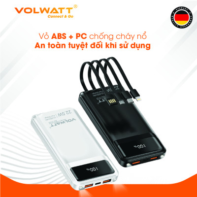 Pin sạc dự phòng Volwatt GE-10K5 hàng chính hãng | 10.000mAh, Sạc nhanh 22.5W, Tích hợp 4 dây (Type-C/L/Micro/USB-A), LED, Đèn