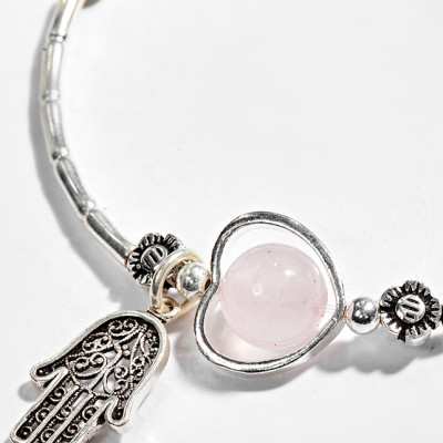 Vòng Tay Bạc 1 Hạt Đá Thạch Anh Hồng Phối Charm Bàn Tay Hamsa Bạc Ngọc Quý Gemstones