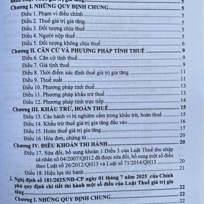 Luật thuế; Thuế giá trị gia tăng; Thu nhập doanh nghiệp; Thuế thu nhập cá nhân; Thuế xuất khẩu, Thuế nhập khẩu; Thuế tiêu thu đặc biệt; Thuế tài nguyên; Thuế bảo vệ môi trường; Thuế sử dụng đất phi nông nghiệp và các văn bản hướng dẫn thi hành