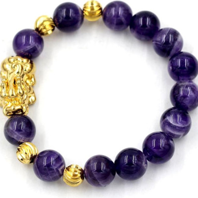 Vòng tay thạch anh tím than 12 ly charm tỳ hưu TH80