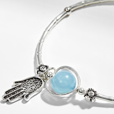 Vòng Tay Bạc 1 Hạt Đá Hải Lam Ngọc Phối Charm Bàn Tay Hamsa Bạc Ngọc Quý Gemstones