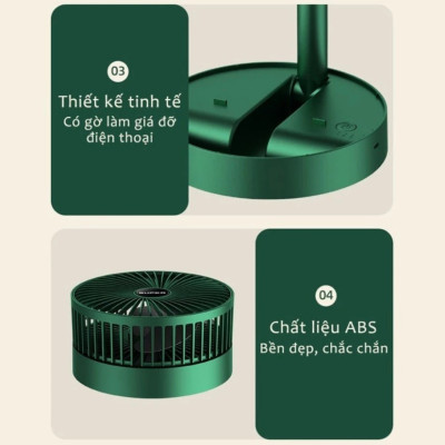 Quạt Tích Điện Để Bàn Mini Gấp Gọn - Xoay 360 Độ, 3 Tốc Độ, Pin Dung Lượng Lớn