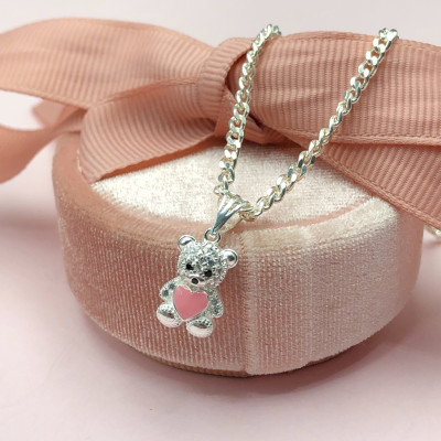 Dây Chuyền, Vòng Cổ Trẻ Em Bạc Ta Hình Mặt Gấu Trái Tim Hồng Chính Hãng Bạc Hiểu Minh DTE070