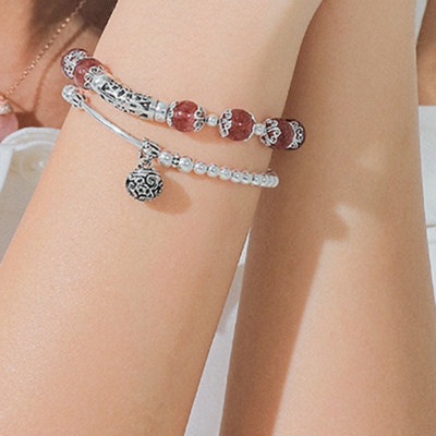 Vòng 2 line đá thạch anh dâu phối charm bạc mệnh hỏa, thổ - Ngọc Quý Gemstones