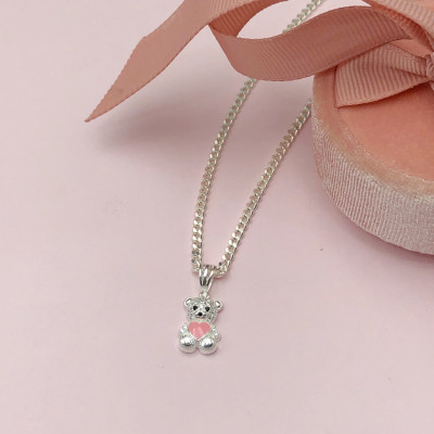 Dây Chuyền, Vòng Cổ Trẻ Em Bạc Ta Hình Mặt Gấu Trái Tim Hồng Chính Hãng Bạc Hiểu Minh DTE070