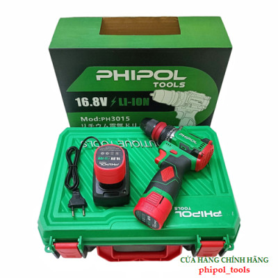 Combo Máy khoan pin chuyên vít 2 đầu rời 10mm có chỉnh tốc PHIPOL TOOLS PH3015 Kèm 2 pin và sạc - Hàng Chính Hãng