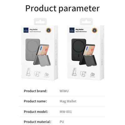 Ví da đựng thẻ nam châm hút từ tính WI WU Mag Wallet MW-001 tích hợp giá đỡ điện thoại gập gọn gắn sau điện thoại i Phone - Hàng chính hãng