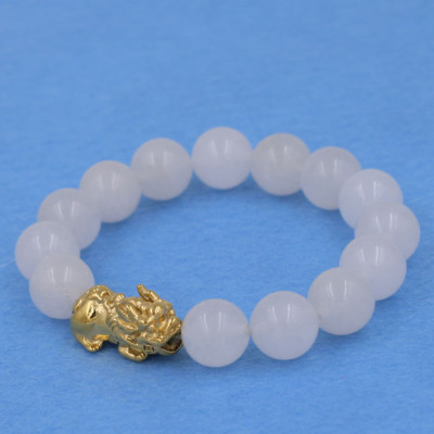 Vòng đeo tay thạch anh trắng 12 ly - cẩn Tỳ Hưu inox vàng VTATTHV12 - hợp mệnh Kim, mệnh Thủy