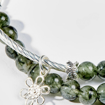 Vòng Tay Phong Thủy 2 Lines Nữ Đá Thạch Anh Tóc Xanh Phối Charm Hoa (5mm) Mệnh Mộc, Hỏa Ngọc Quý Gemstones