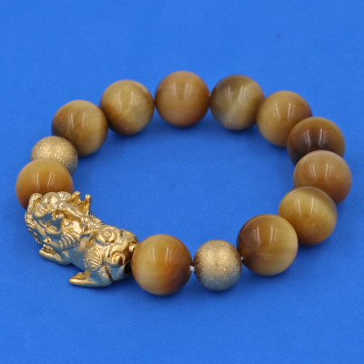 Vòng chuỗi đeo tay đá mắt hổ vàng 14 ly ( size lớn ) charm tỳ hưu và bi inox vàng, vòng tay chuỗi hạt