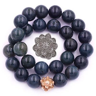 [Mệnh Mộc, Hỏa] Vòng Chuỗi Niệm Phật Đá Cẩm Thạch Xanh Đậm 14 Ly 27 Hạt Charm Hoa Sen Inox, Vòng Chuỗi Phật Giáo, Chuỗi Niệm Phật Hạt To - Phong Thủy 868