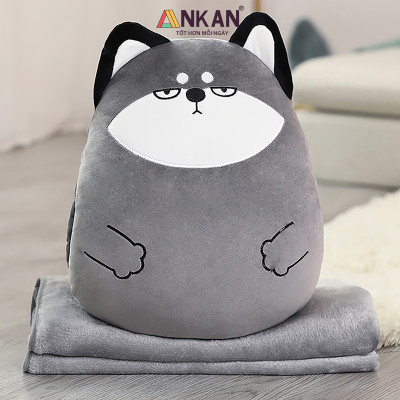 Bộ Chăn Gối Văn Phòng 3 Trong 1 Kiểu Chó Husky Mặt Cộc - Siêu Dễ Thương Dùng Để Giữ Ấm Tay Có Chăn Đắp Và Gối Kê Đầu Vô Cùng Tiện Lợi