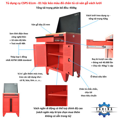 Tủ dụng cụ CSPS 61cm- 01 hộc kéo màu đỏ chân tủ có ván gỗ kèm vách lưới