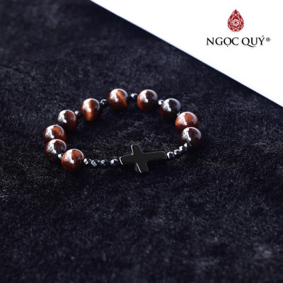 Vòng mân côi thạch anh mắt hổ nâu đỏ phối thánh giá hạt 10mm hợp mệnh thổ, hỏa - Ngọc Quý Gemstones