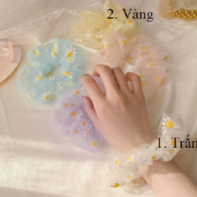 Combo 4 dây cột tóc vải Scrunchies vải lưới hoa cúc