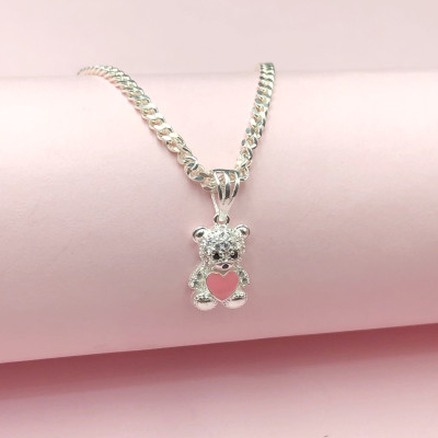 Dây Chuyền, Vòng Cổ Trẻ Em Bạc Ta Hình Mặt Gấu Trái Tim Hồng Chính Hãng Bạc Hiểu Minh DTE070