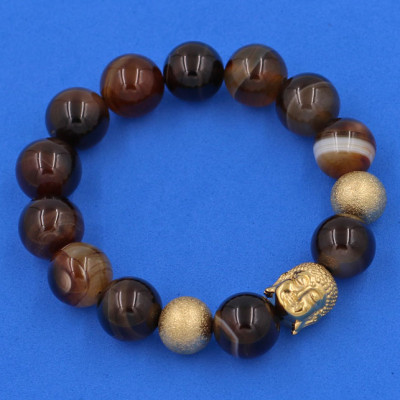 Vòng tay chuỗi hạt Mã Não Nâu Sọc 14 ly - Vòng tay Phật A Di Đà inox vàng VMNNSNLVHB14 - hợp mệnh Kim, mệnh Thổ - Vòng đeo tay size lớn