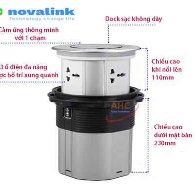 Ổ điện âm bàn đảo bếp nâng hạ cảm ứng, điều khiển qua app, tích hợp sạc không dây Novalink WTWF-B. Nhập khẩu chính hãng
