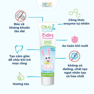 Kem đánh răng trẻ em an toàn khi nuốt kèm bàn chải ngón tay Oral7 Tiny Teeth 40ml (Cho bé từ 3 tháng - 3 tuổi)