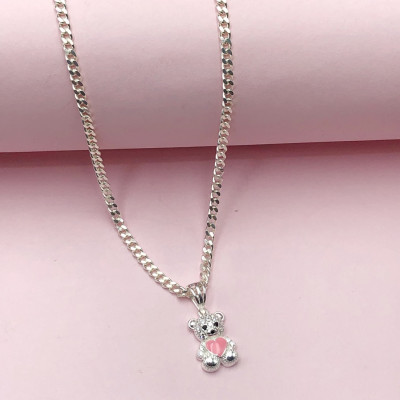 Dây Chuyền, Vòng Cổ Trẻ Em Bạc Ta Hình Mặt Gấu Trái Tim Hồng Chính Hãng Bạc Hiểu Minh DTE070