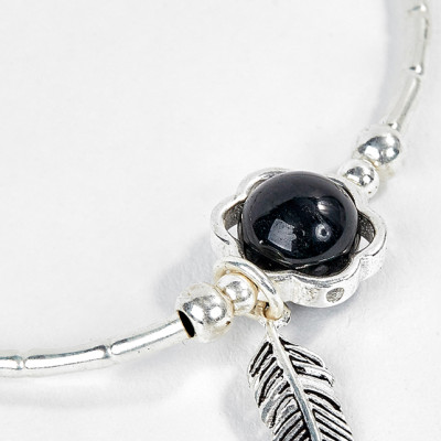 Vòng Bạc Hạt Đá Obsidian Phối Charm Lá Ngọc Quý Gemstones