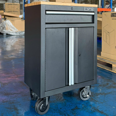 Tủ dụng cụ CSPS 61cm - 01 hộc kéo màu đen bánh xe ván gỗ (tay cầm trắng)