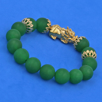 Chuỗi đeo tay Thạch Anh Xanh Lá mờ 12 ly - cẩn Tỳ Hưu Phong Thủy inox vàng VTAXLMTHBKV12