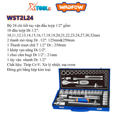 BỘ 24 CHI TIẾT TAY VẶN ĐẦU TUÝP 1/2" WST2L24 WADFOW - HÀNG CHÍNH HÃNG