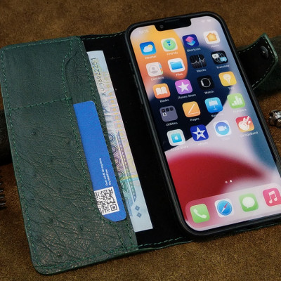 Bao da đựng điện thoại cho 12 pro max 13 pro max handmade dạng ví da đà điểu