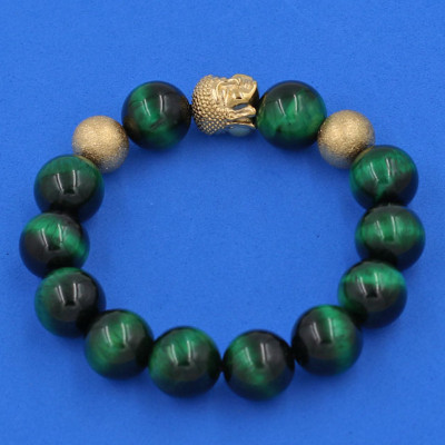 Vòng chuỗi đeo tay Đá Mắt Hổ Xanh Lá 14 ly - Vòng tay Phật A Di Đà inox vàng VMHXLNLVHB14 - hợp mệnh Hỏa, mệnh Mộc - Vòng đeo tay size lớn