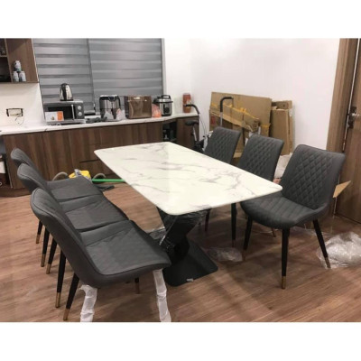 Bộ bàn ăn chân X 1m6 + 6 ghế Loft Trám mặt đá ceramic  Thương hiệu Nội Thất Bình Long 