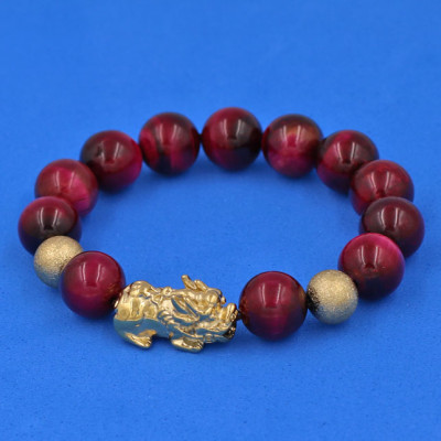 Vòng đeo tay Đá Mắt Hổ Đỏ 12 ly - cẩn Tỳ Hưu Phong Thủy inox vàng VMHOTHHBV12 - hợp mệnh Hỏa, mệnh Thổ