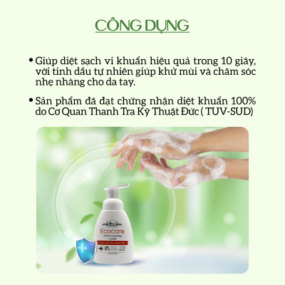 Nước rửa tay hữu cơ diệt khuẩn dạng bọt hương Quế 1000ml thương hiệu Ecocare