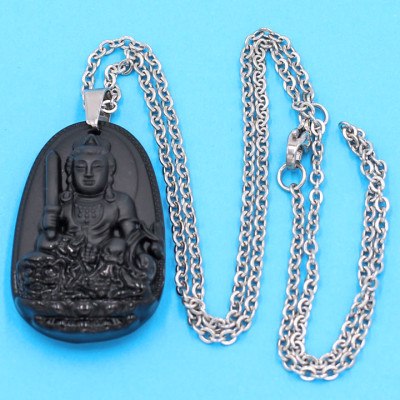 Vòng cổ phật Văn Thù Bồ Tát - thạch anh đen 3.6cm DITTEB3 - dây inox bạc - kèm hộp nhung - tuổi Mão