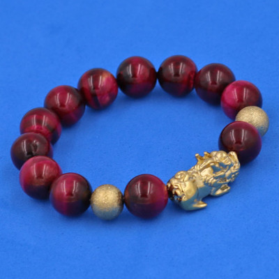 Vòng đeo tay Đá Mắt Hổ Đỏ 12 ly - cẩn Tỳ Hưu Phong Thủy inox vàng VMHOTHHBV12 - hợp mệnh Hỏa, mệnh Thổ