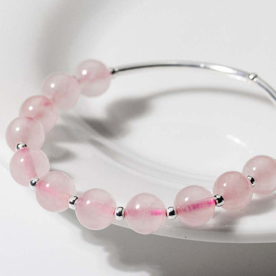 Vòng tay đá thạch anh hồng phối 2 ống bạc mệnh hỏa, thổ - Ngọc Quý Gemstones