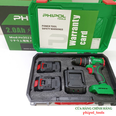 Combo Máy khoan vít đầu 10mm 21V động cơ không chổi than, có búa PHIPOL TOOLS PH3023 Kèm 2 pin và sạc - Hàng Chính Hãng