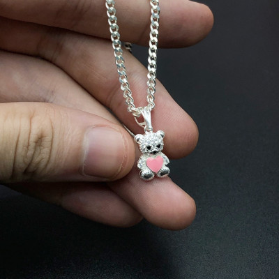 Dây Chuyền, Vòng Cổ Trẻ Em Bạc Ta Hình Mặt Gấu Trái Tim Hồng Chính Hãng Bạc Hiểu Minh DTE070