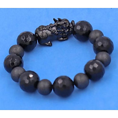 Chuỗi tay Thạch Anh Đen Cắt Giác 16 ly phối 6 bi charm Tỳ Hưu Inox - hợp mệnh Mộc, mệnh Thủy - Chuỗi size XXL