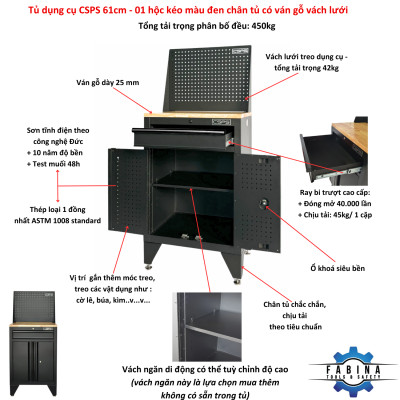 Tủ dụng cụ CSPS 61cm- 01 hộc kéo màu đen chân tủ có ván gỗ kèm vách lưới