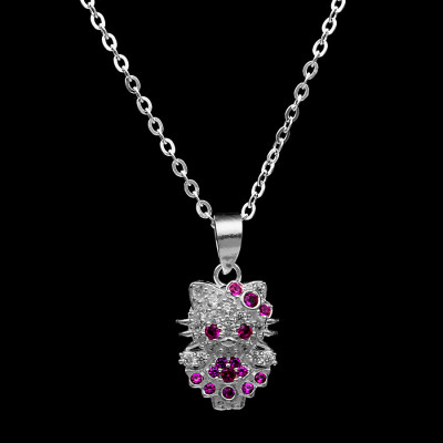 Dây Và Mặt Dây Chuyền Trẻ Em Bạc Hiểu Minh DTE056 mèo kitty đá đỏ